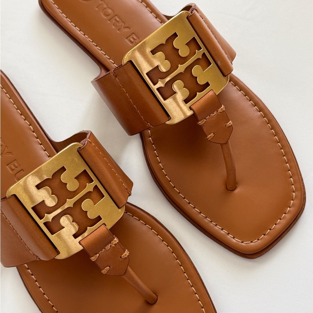 NWT Tory Burch Georgia Calf Leather Sandals, Aged Camello /Gold - Picture 5 of 16